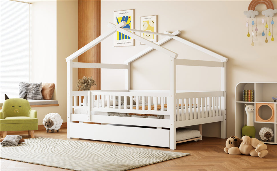Wooden house-style bed frame with pull-out trundle drawer and slatted support by Start2Finish, showcasing the bed and storage features.