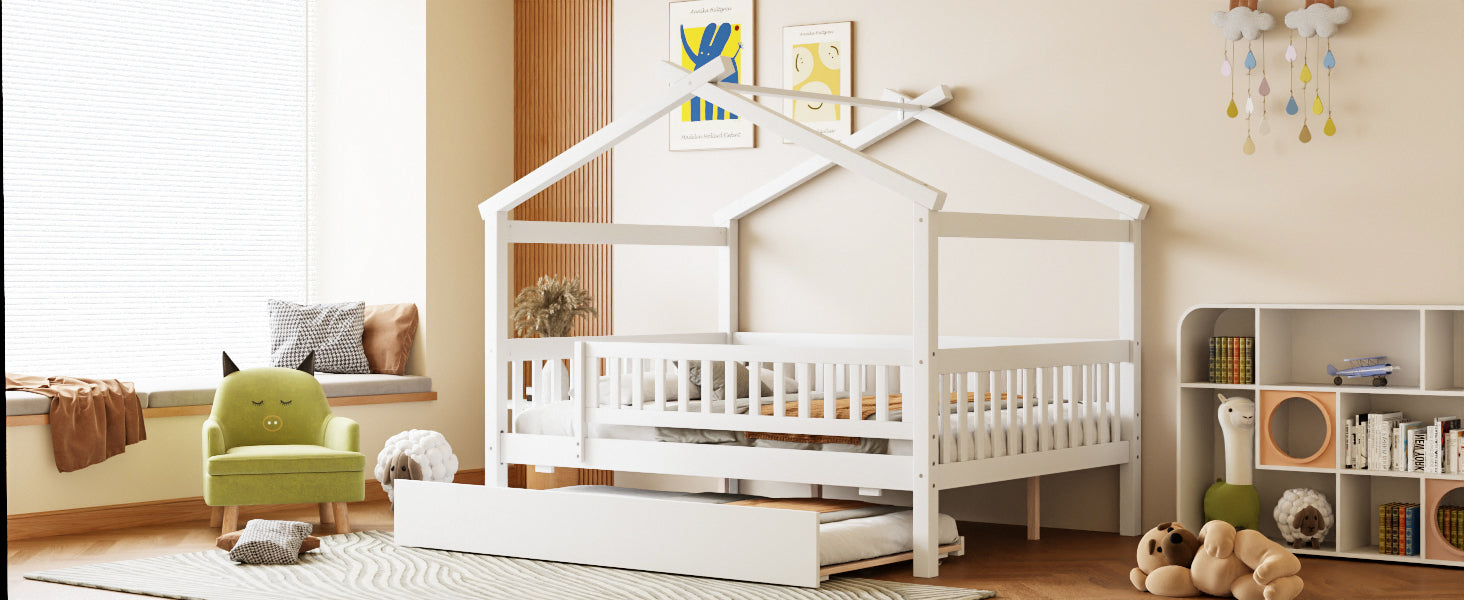 Wooden house-style bed frame by Start2Finish with pull-out trundle drawer and slatted support for bedroom decor.