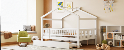 Wooden house-style bed frame by Start2Finish with pull-out trundle drawer and slatted support for bedroom decor.