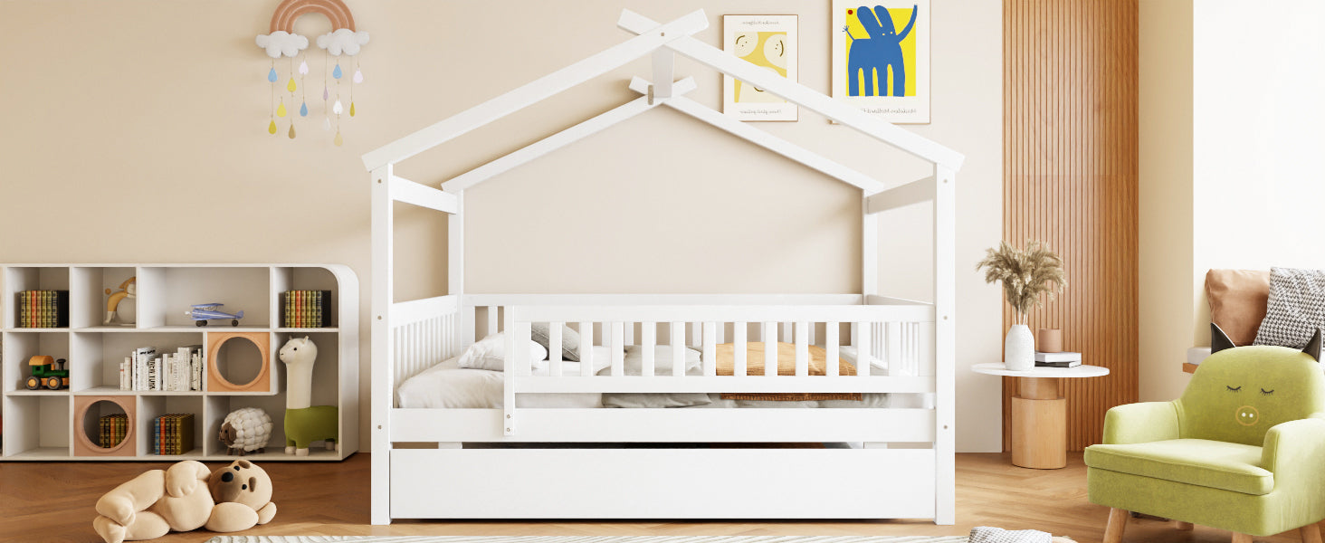 Wooden house-style bed frame with pull-out trundle drawer and slatted support by Start2Finish, shown with mattress and bedding.