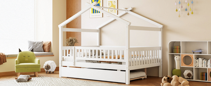 Start2Finish wooden house-style bed frame with pull-out trundle drawer and slatted support, shown in a cozy bedroom setting.