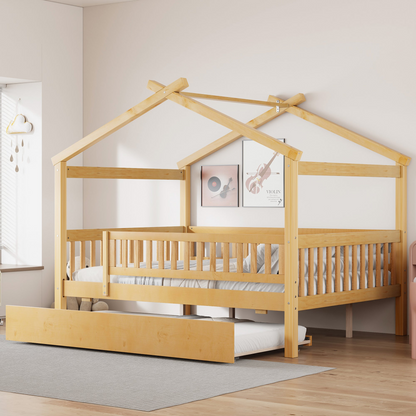 Wooden house-style bed frame with pull-out trundle drawer and slatted support by Start2Finish, showcasing the bed and storage features.