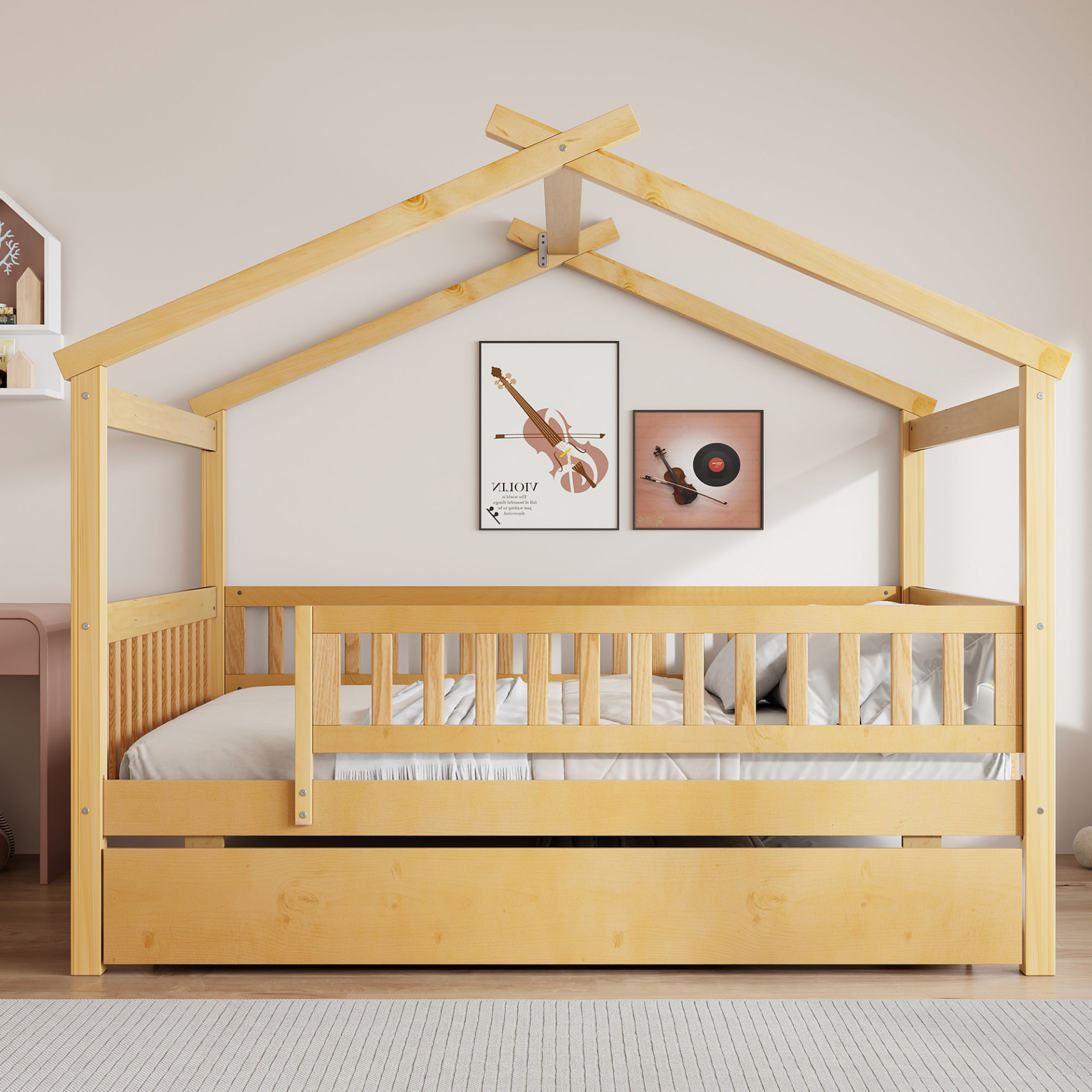 Wooden house-style bed frame with pull-out trundle drawer and slatted support by Start2Finish, shown with mattress and bedding.