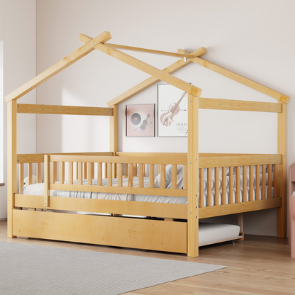 Wooden house-style bed frame with pull-out trundle drawer and slatted support from Start2Finish, showcasing its cozy design and sturdy build.