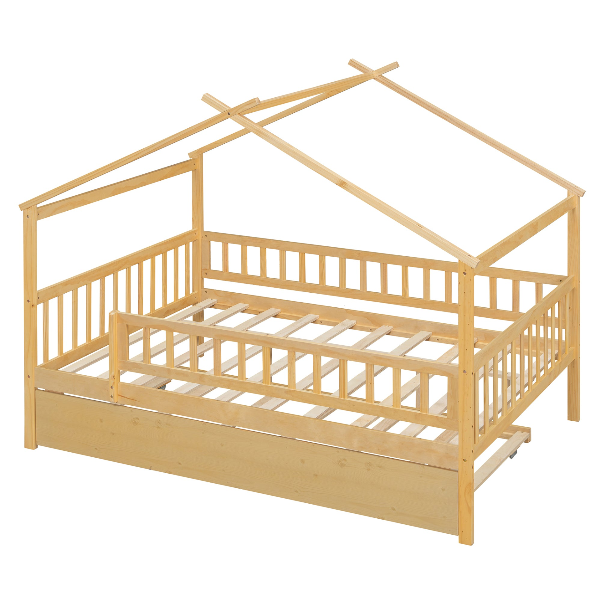 Wooden house-style bed frame with pull-out trundle drawer and slatted support, by Start2Finish.