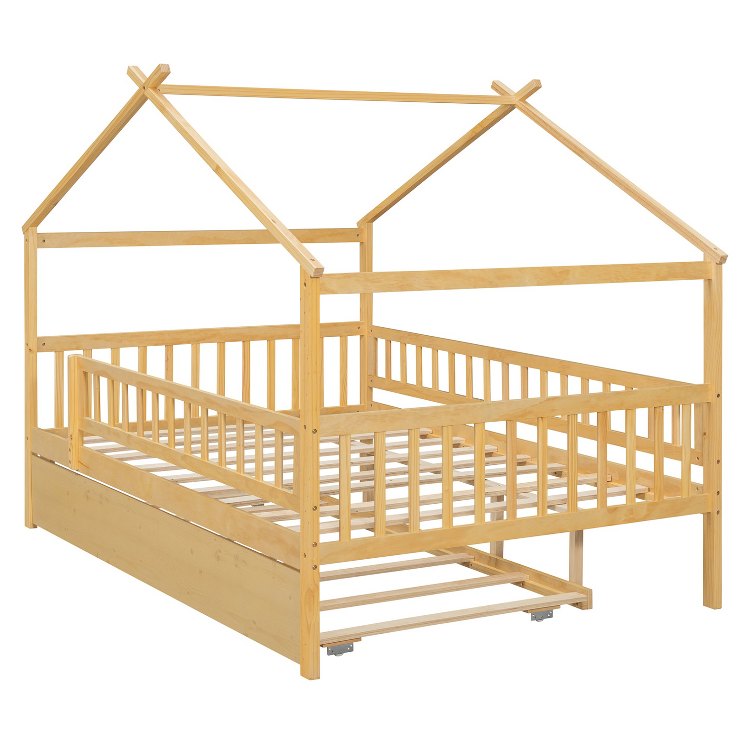 Wooden house-style bed frame with pull-out trundle drawer and slatted support, by Start2Finish, shown in a cozy bedroom setting.