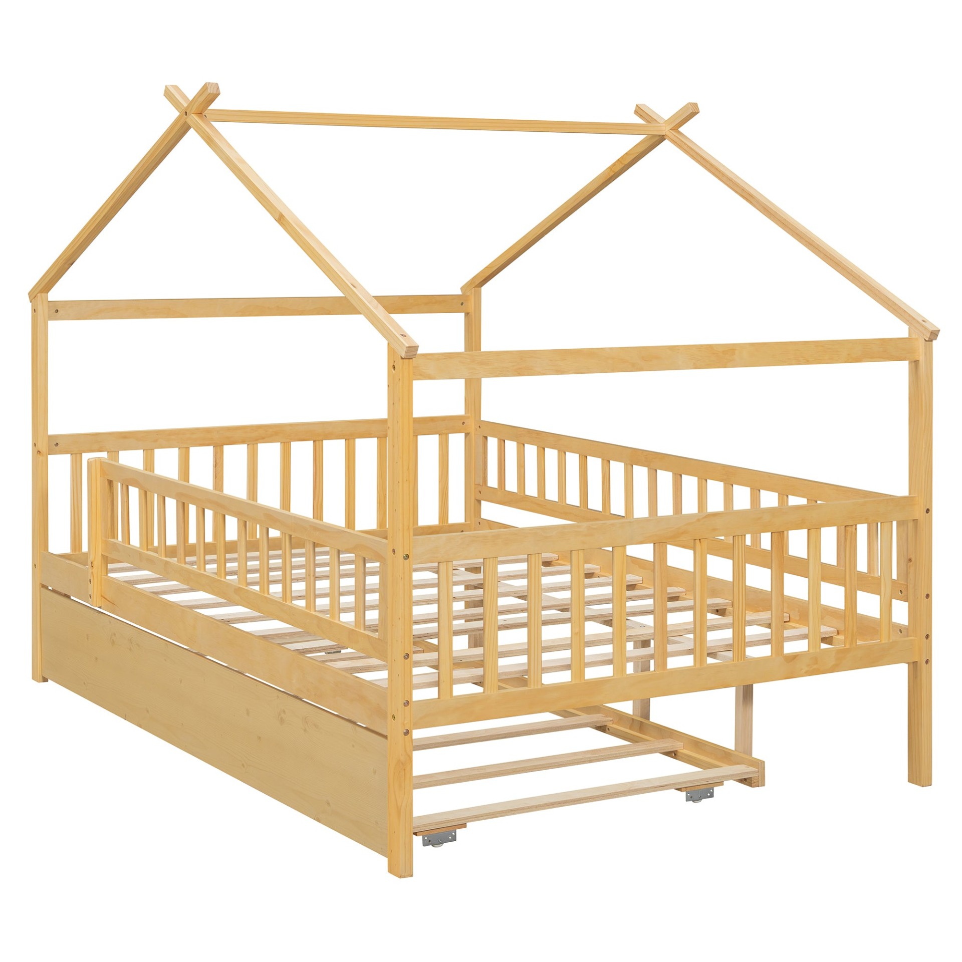 Wooden house-style bed frame with pull-out trundle drawer and slatted support, by Start2Finish, shown in a cozy bedroom setting.