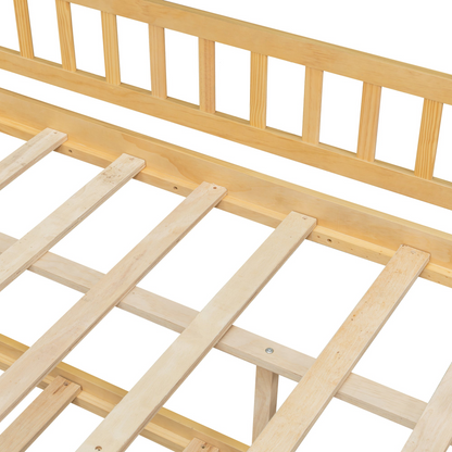 Wooden house-style bed frame with pull-out trundle drawer and slatted support by Start2Finish, shown in natural wood finish.