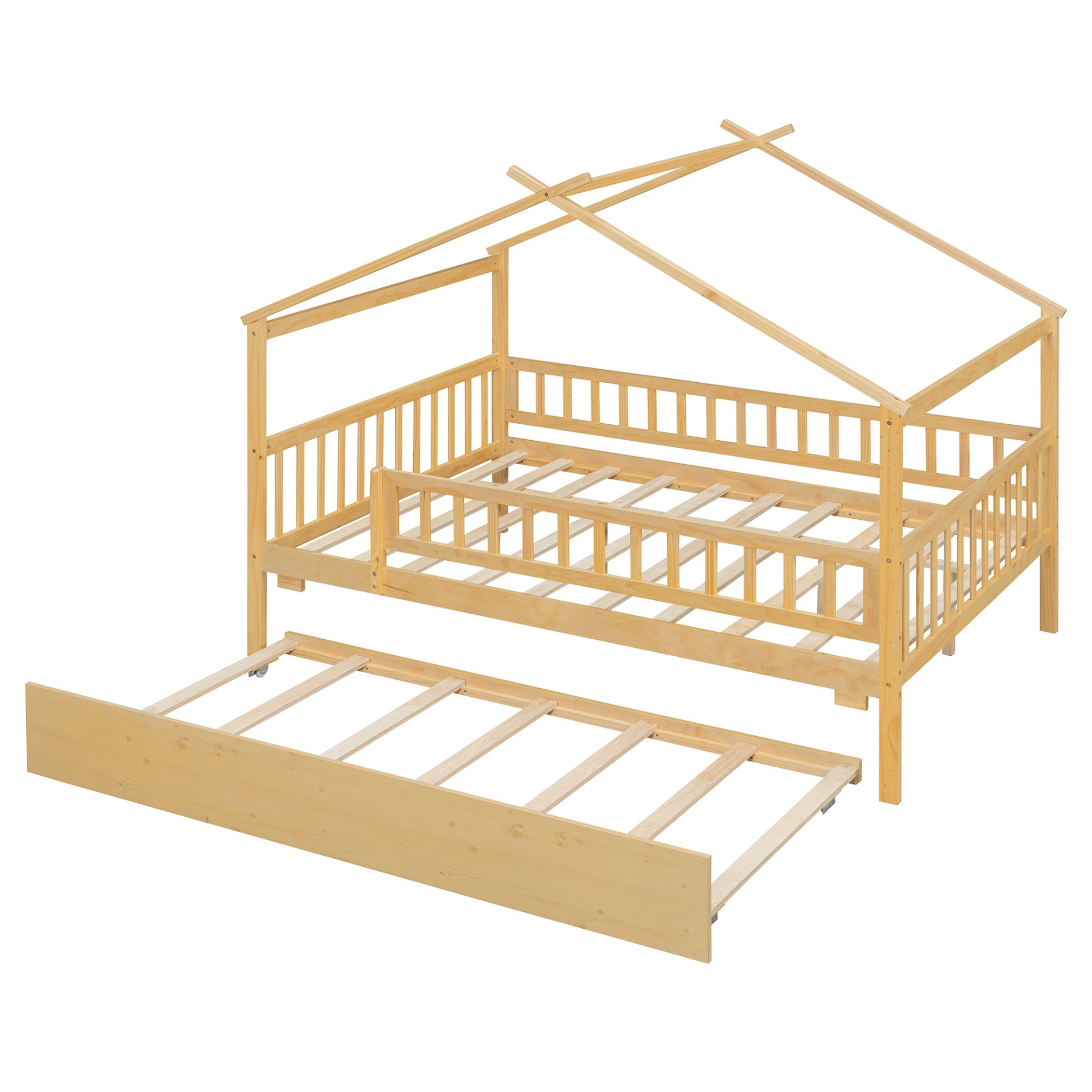 Wooden house-style bed frame with pull-out trundle drawer and slatted support by Start2Finish, showcasing a cozy, sturdy design.
