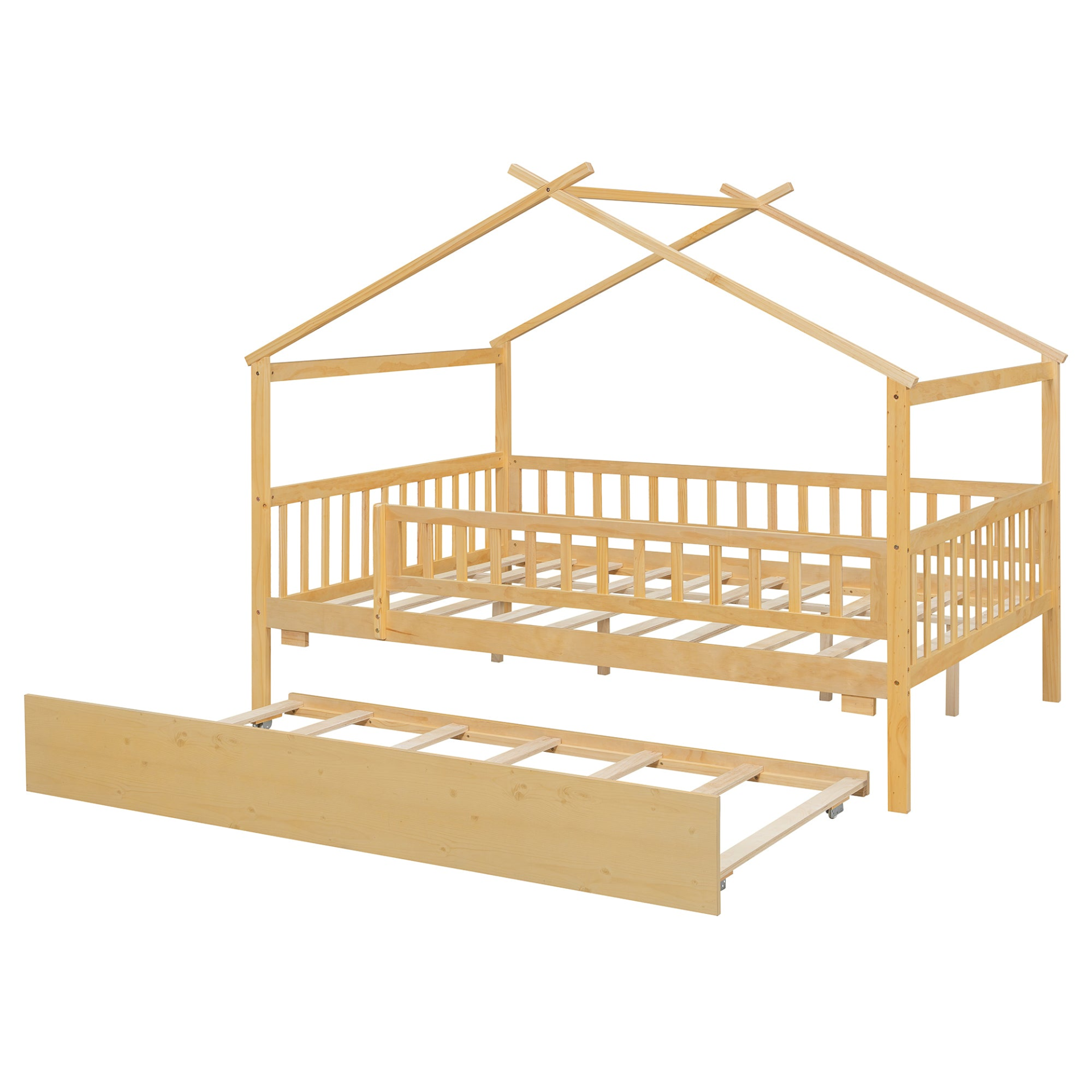 Wooden house-style bed frame with pull-out trundle drawer and slatted support by Start2Finish, showcasing the bed structure and design.
