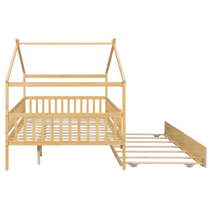 Wooden house-style bed frame with pull-out trundle drawer and slatted support, by Start2Finish, shown in a cozy bedroom setting.