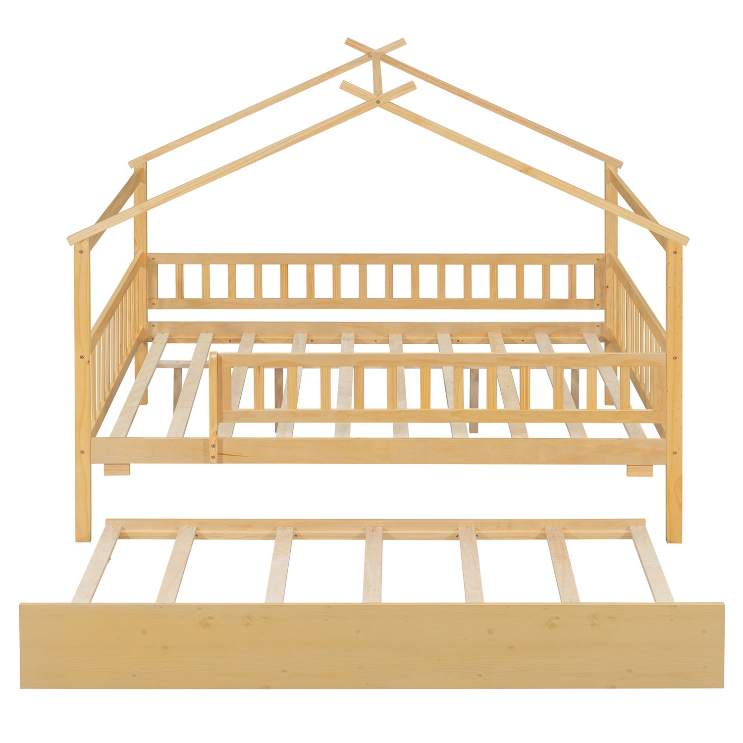 Wooden house-style bed frame with pull-out trundle drawer and slatted support by Start2Finish, showcasing the bed&