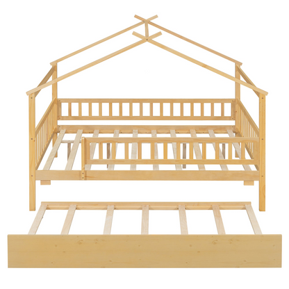 Wooden house-style bed frame with pull-out trundle drawer and slatted support by Start2Finish, showcasing the bed&