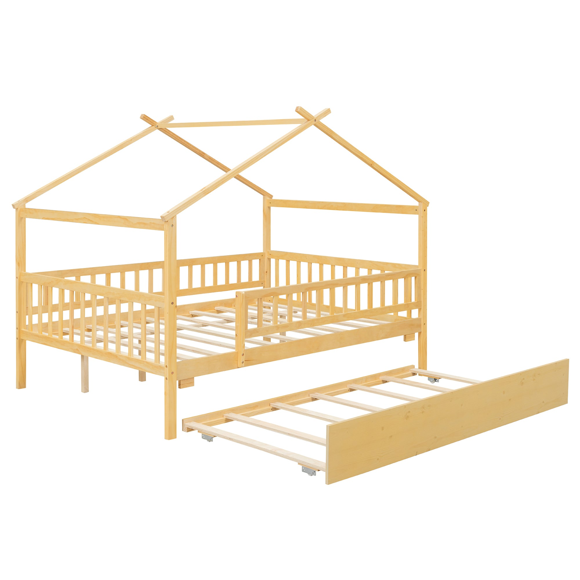 Wooden house-style bed frame with pull-out trundle drawer and slatted support by Start2Finish, shown with bedding and pillows.