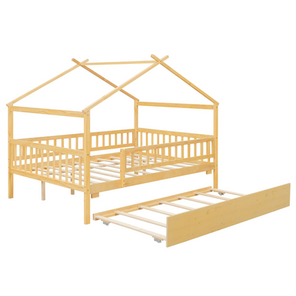 Wooden house-style bed frame with pull-out trundle drawer and slatted support by Start2Finish, shown with bedding and pillows.
