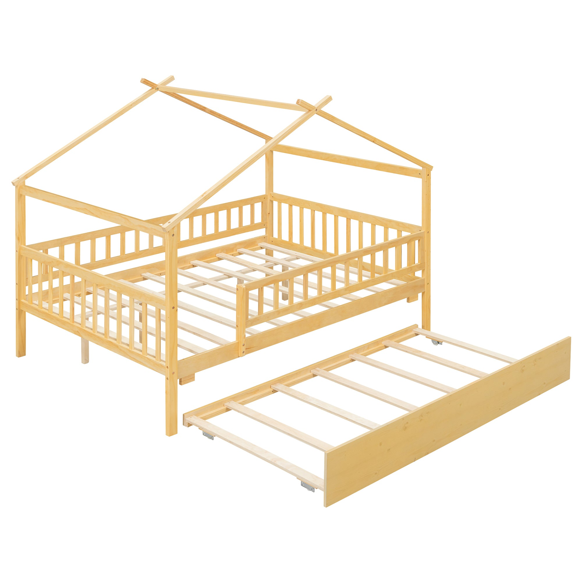 Wooden house-style bed frame with pull-out trundle drawer and slatted support from Start2Finish, shown in a cozy bedroom setting.