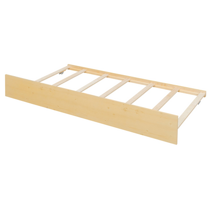 Wooden house-style bed frame with pull-out trundle drawer and slatted support from Start2Finish, shown in a cozy bedroom setting.
