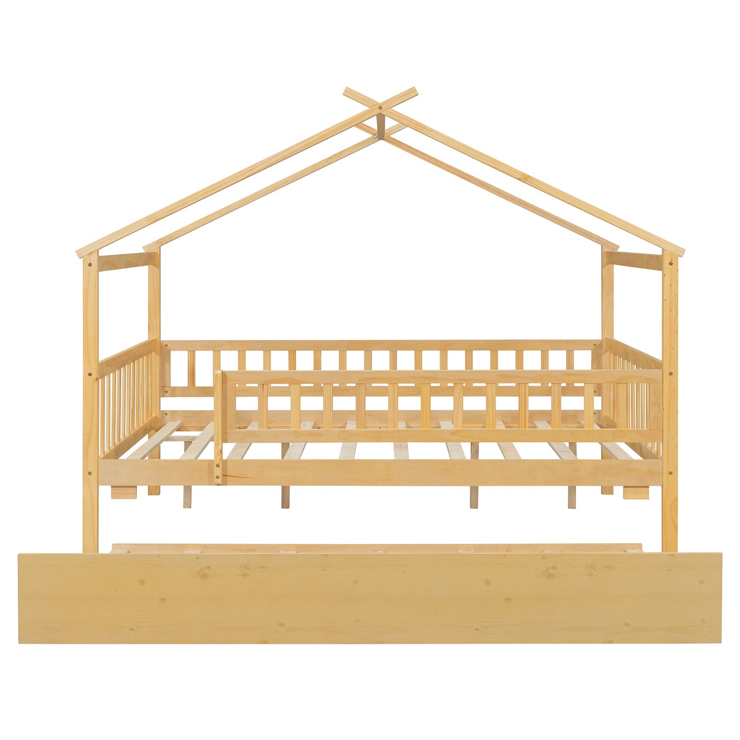 Wooden house-style bed frame with pull-out trundle drawer and slatted support by Start2Finish, showcasing the detailed craftsmanship and design.