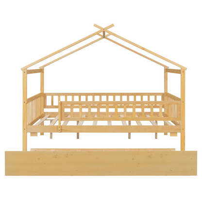 Wooden house-style bed frame with pull-out trundle drawer and slatted support by Start2Finish, showcasing the detailed craftsmanship and design.