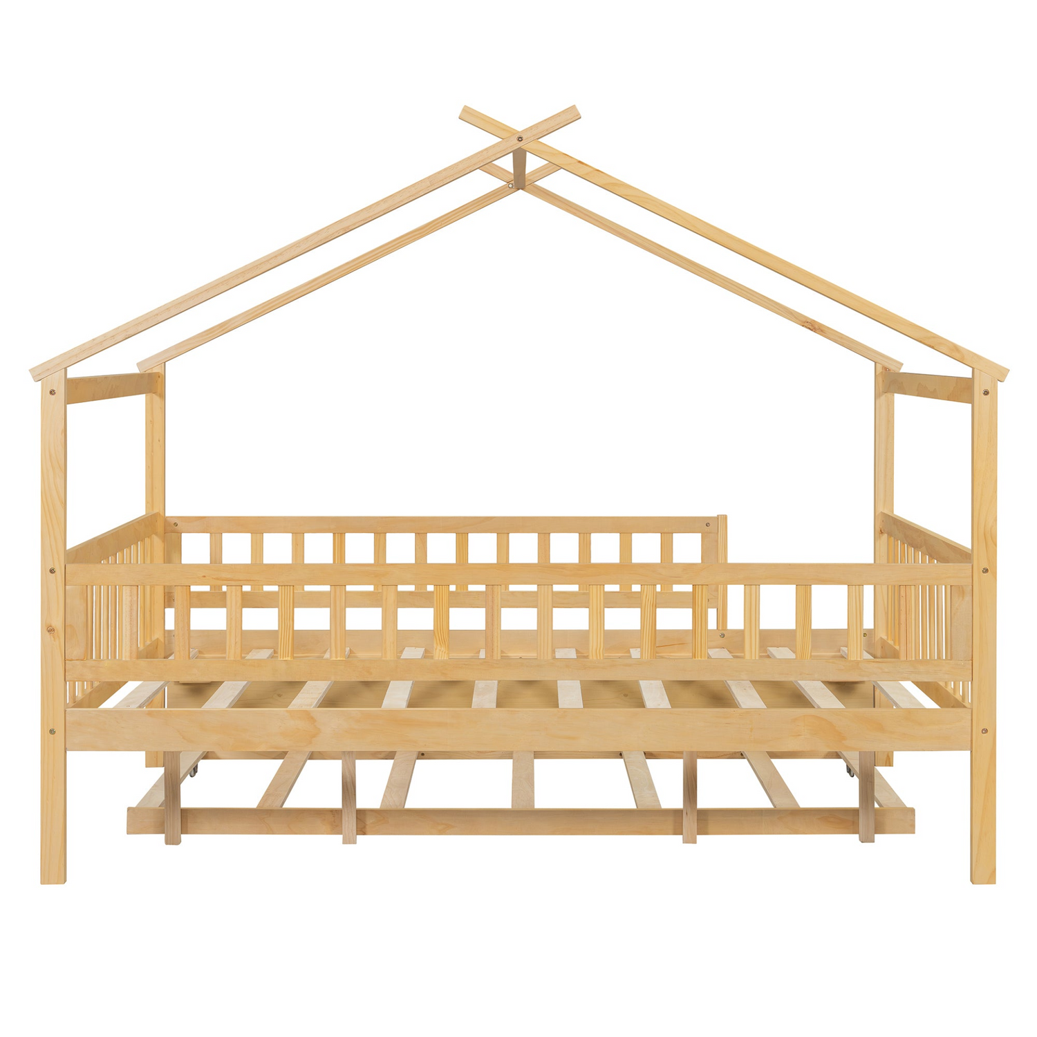 Wooden house-style bed frame with pull-out trundle drawer and slatted support, by Start2Finish, shown with mattress and bedding