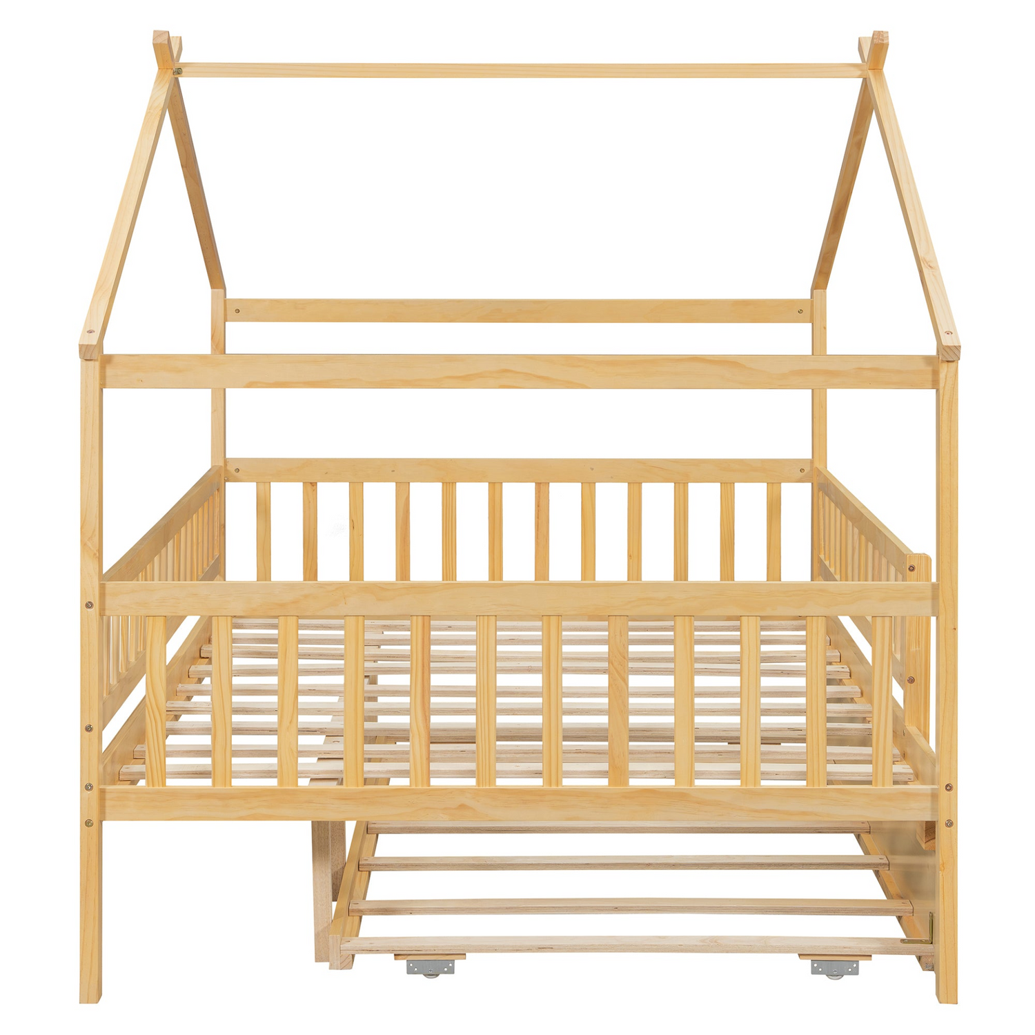 Wooden house-style bed frame with pull-out trundle drawer and slatted support, by Start2Finish, shown with mattress and bedding