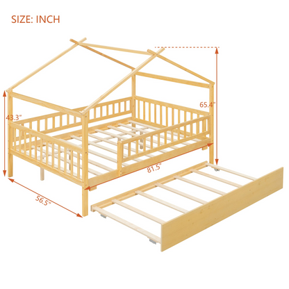 Wooden house-style bed frame with pull-out trundle drawer and slatted support from Start2Finish, showcasing the bed&