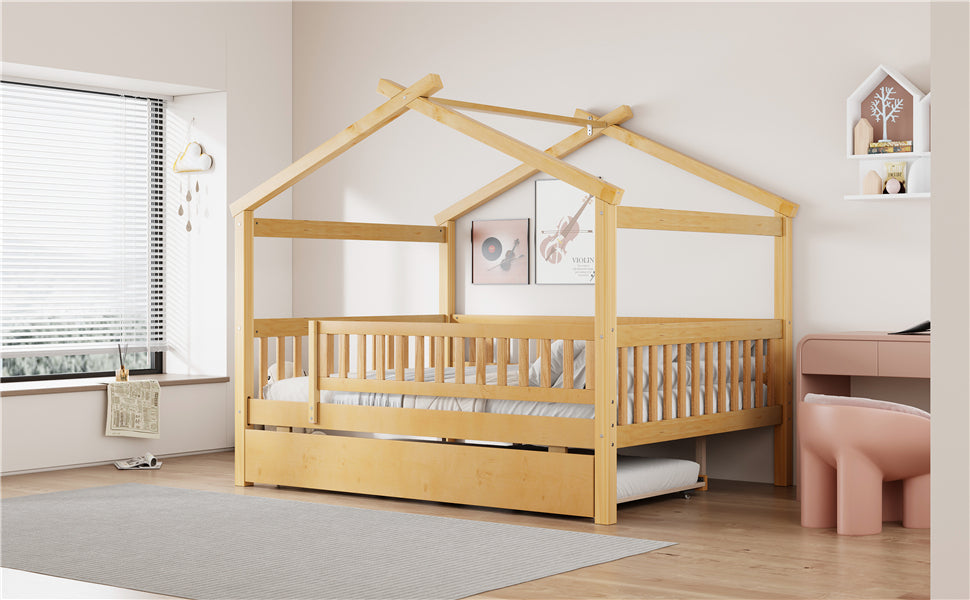 Wooden house-style bed frame with pull-out trundle drawer and slatted support, by Start2Finish, shown with mattress and bedding.