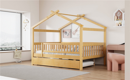 Wooden house-style bed frame with pull-out trundle drawer and slatted support, by Start2Finish, shown with mattress and bedding.