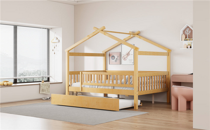 Wooden house-style bed frame with pull-out trundle drawer and slatted support, by Start2Finish, shown in a cozy bedroom setting.