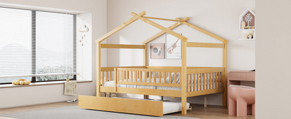 Wooden house-style bed frame with pull-out trundle drawer and slatted support by Start2Finish, shown in a cozy bedroom setting.