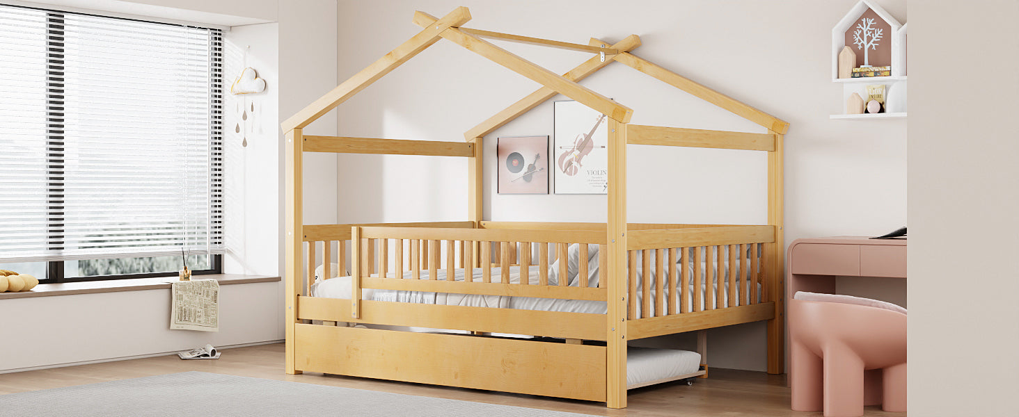 Wooden house-style bed frame with pull-out trundle drawer and slatted support system by Start2Finish.