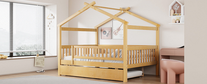 Wooden house-style bed frame with pull-out trundle drawer and slatted support system by Start2Finish.