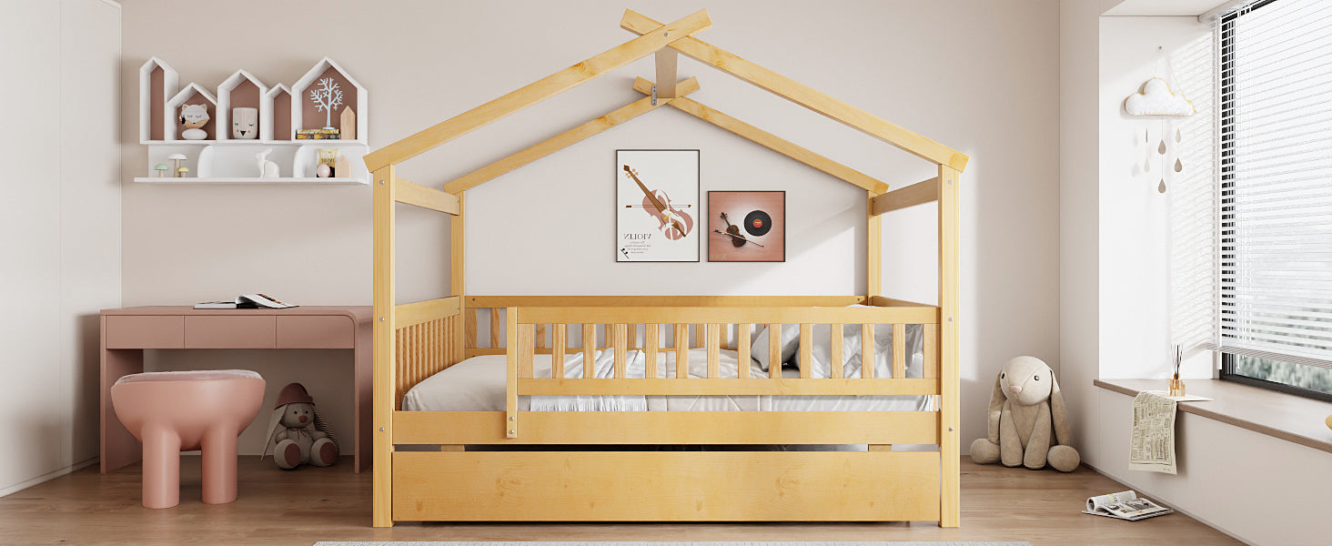 Wooden house-style bed frame by Start2Finish with pull-out trundle drawer and slatted support, showcasing rustic design and sturdy construction.