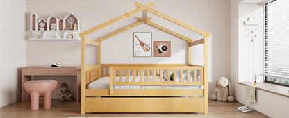 Wooden house-style bed frame by Start2Finish with pull-out trundle drawer and slatted support, showcasing rustic design and sturdy construction.