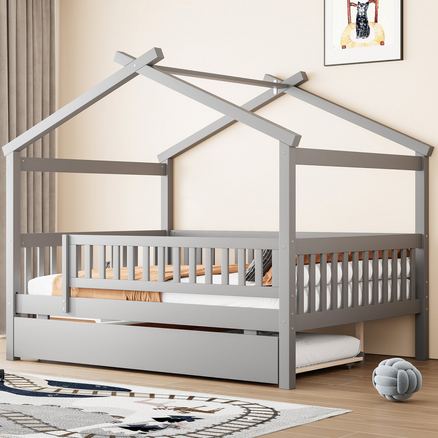 Start2Finish wooden house-style bed frame with pull-out trundle drawer and slatted support for added sleeping space.