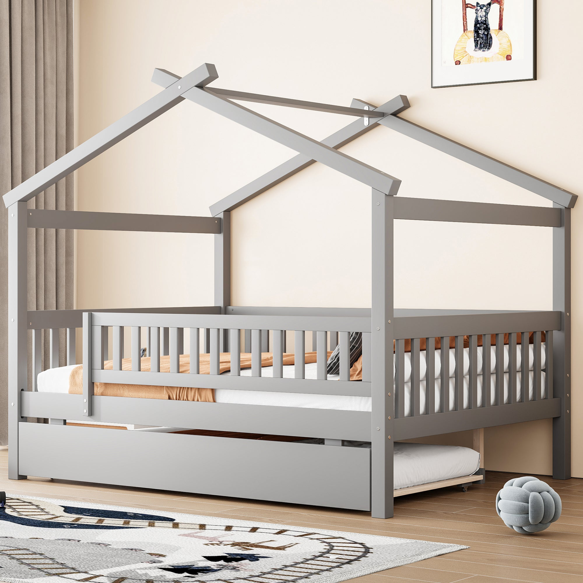 Start2Finish wooden house-style bed frame with pull-out trundle drawer and slatted support for added sleeping space.