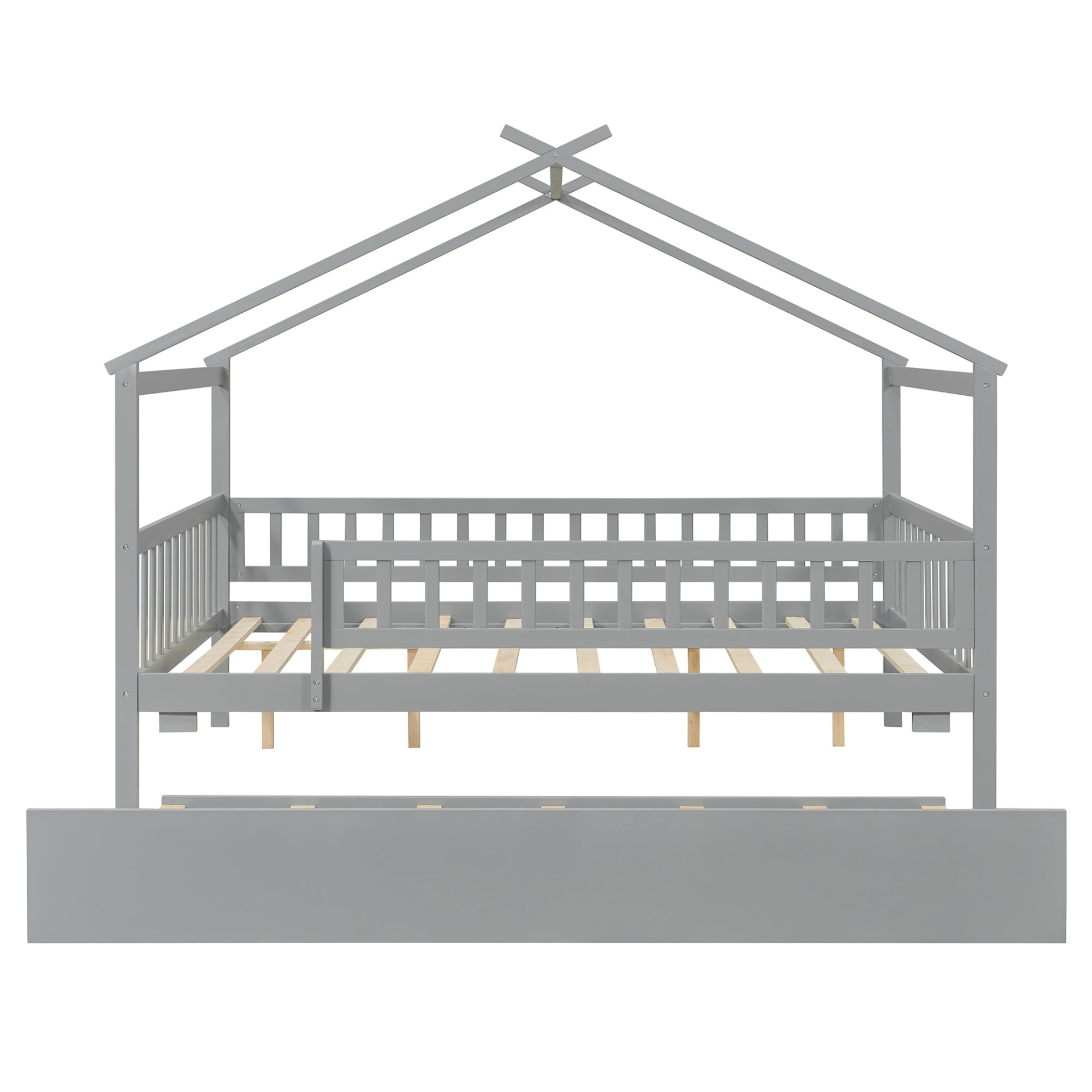 Wooden house-style bed frame with pull-out trundle drawer and slatted support by Start2Finish, shown in a cozy bedroom setting.