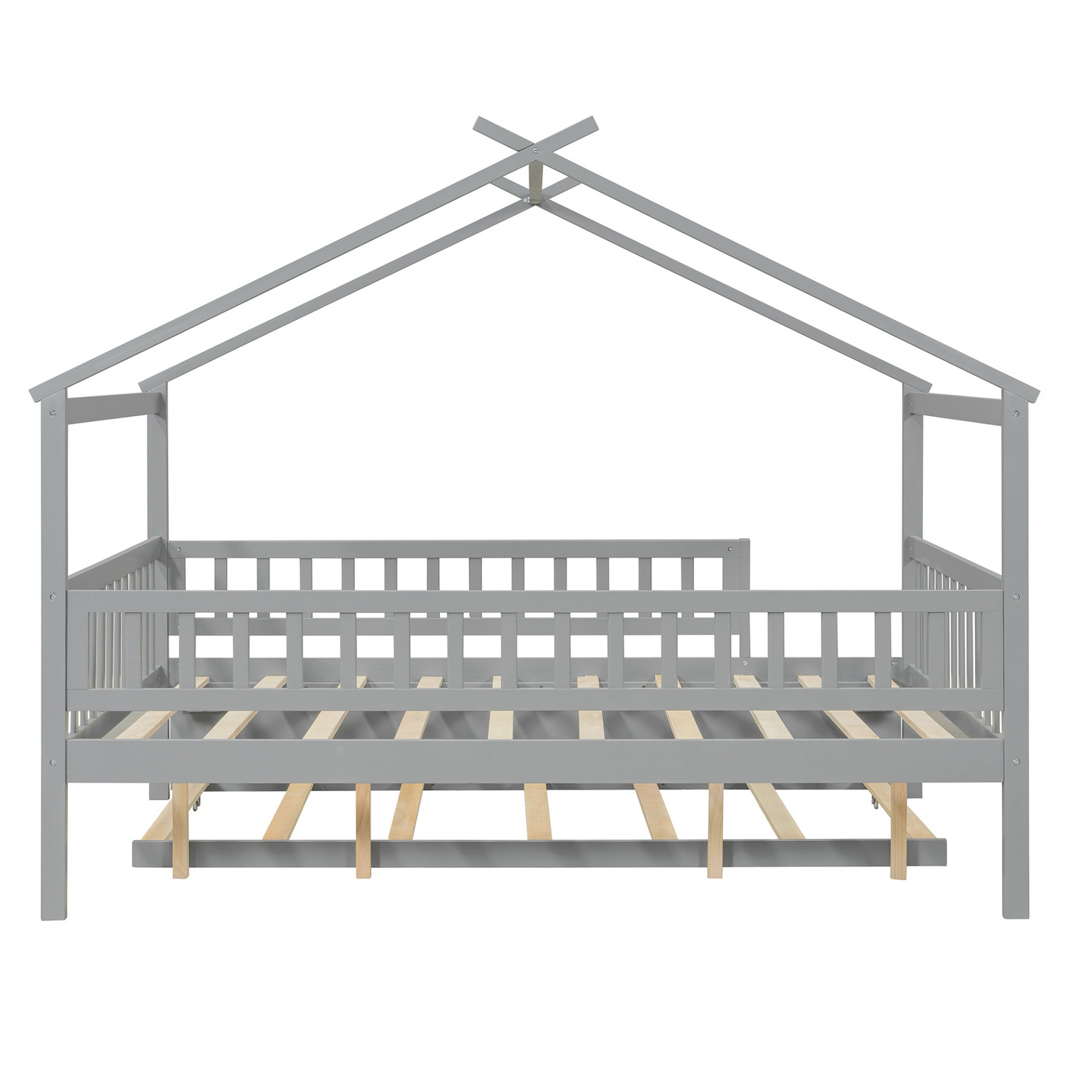 Wooden house-style bed frame with pull-out trundle drawer and slatted support, by Start2Finish, shown in natural wood finish.