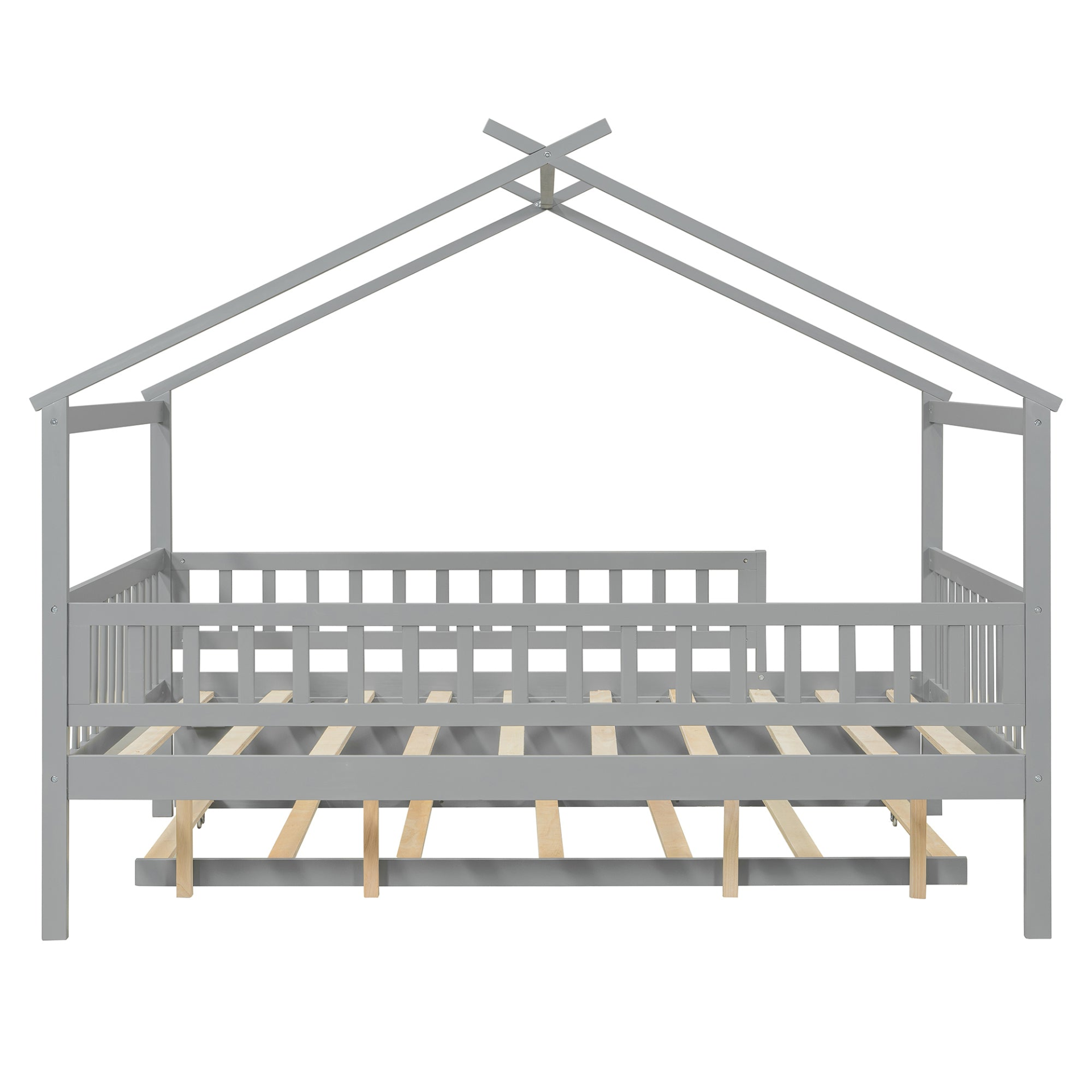 Wooden house-style bed frame with pull-out trundle drawer and slatted support, by Start2Finish, shown in natural wood finish.