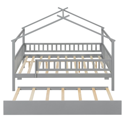 Wooden house-style bed frame with pull-out trundle drawer and slatted support, by Start2Finish.