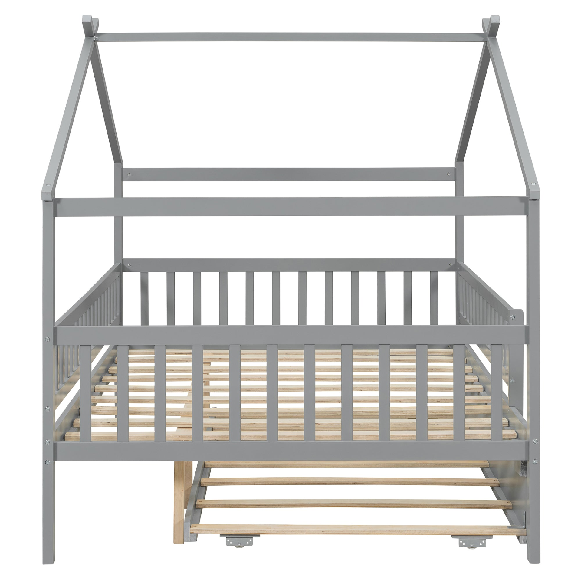 Start2Finish wooden house-style bed frame with pull-out trundle drawer and slatted support for a cozy bedroom look.