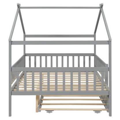 Start2Finish wooden house-style bed frame with pull-out trundle drawer and slatted support for a cozy bedroom look.
