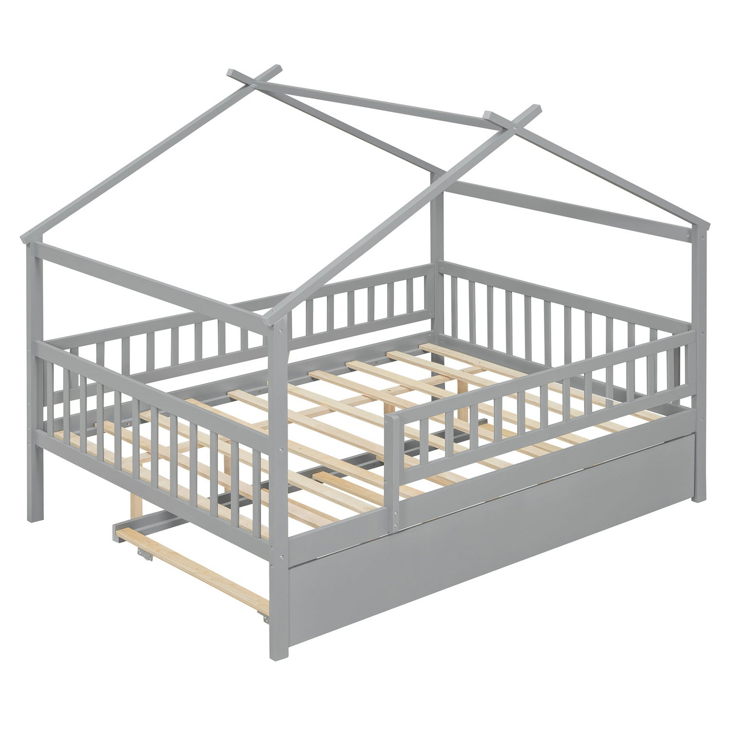 Wooden house-style bed frame with pull-out trundle drawer and slatted support, by Start2Finish, shown in natural wood finish.