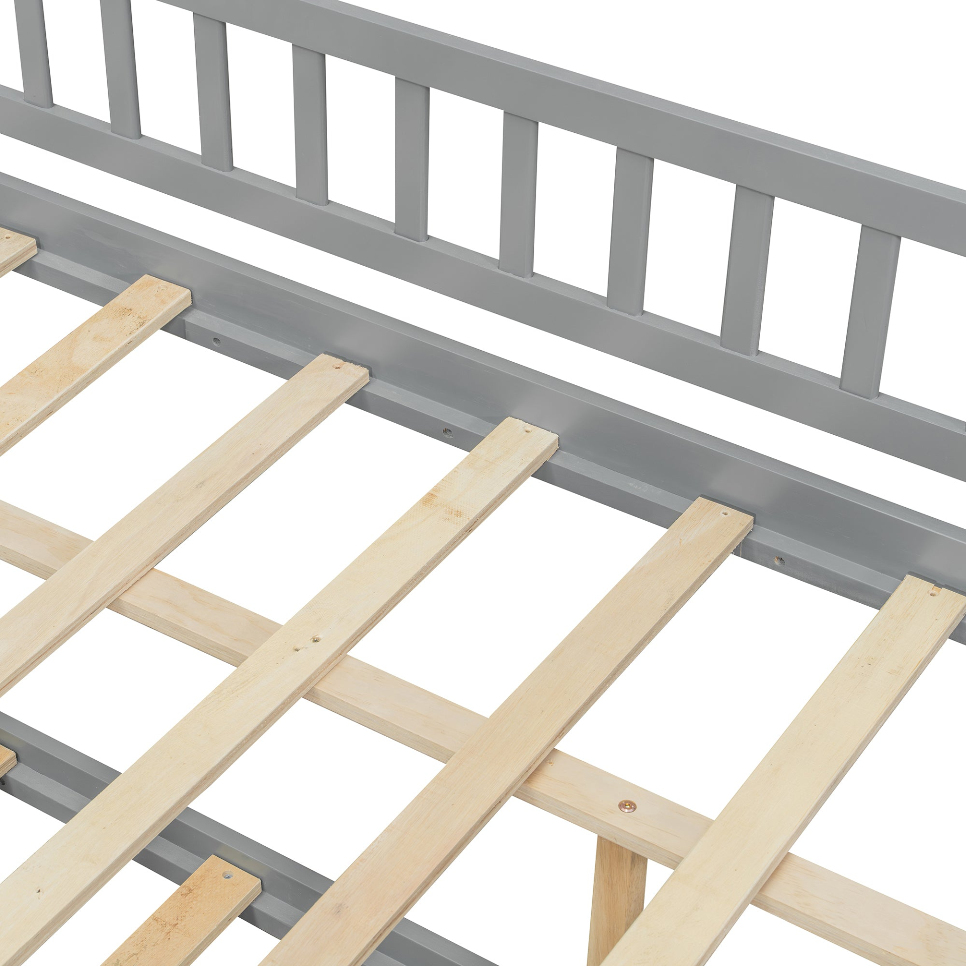 Start2Finish wooden house-style bed frame with pull-out trundle drawer and slatted support, showcasing its cozy design and sturdy construction.