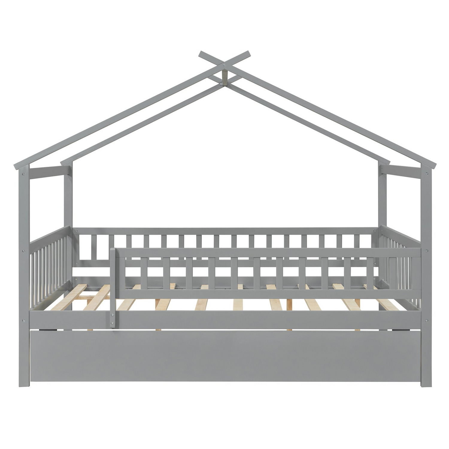 Wooden house-style bed frame with pull-out trundle drawer and slatted support, by Start2Finish, shown with mattress and bedding.