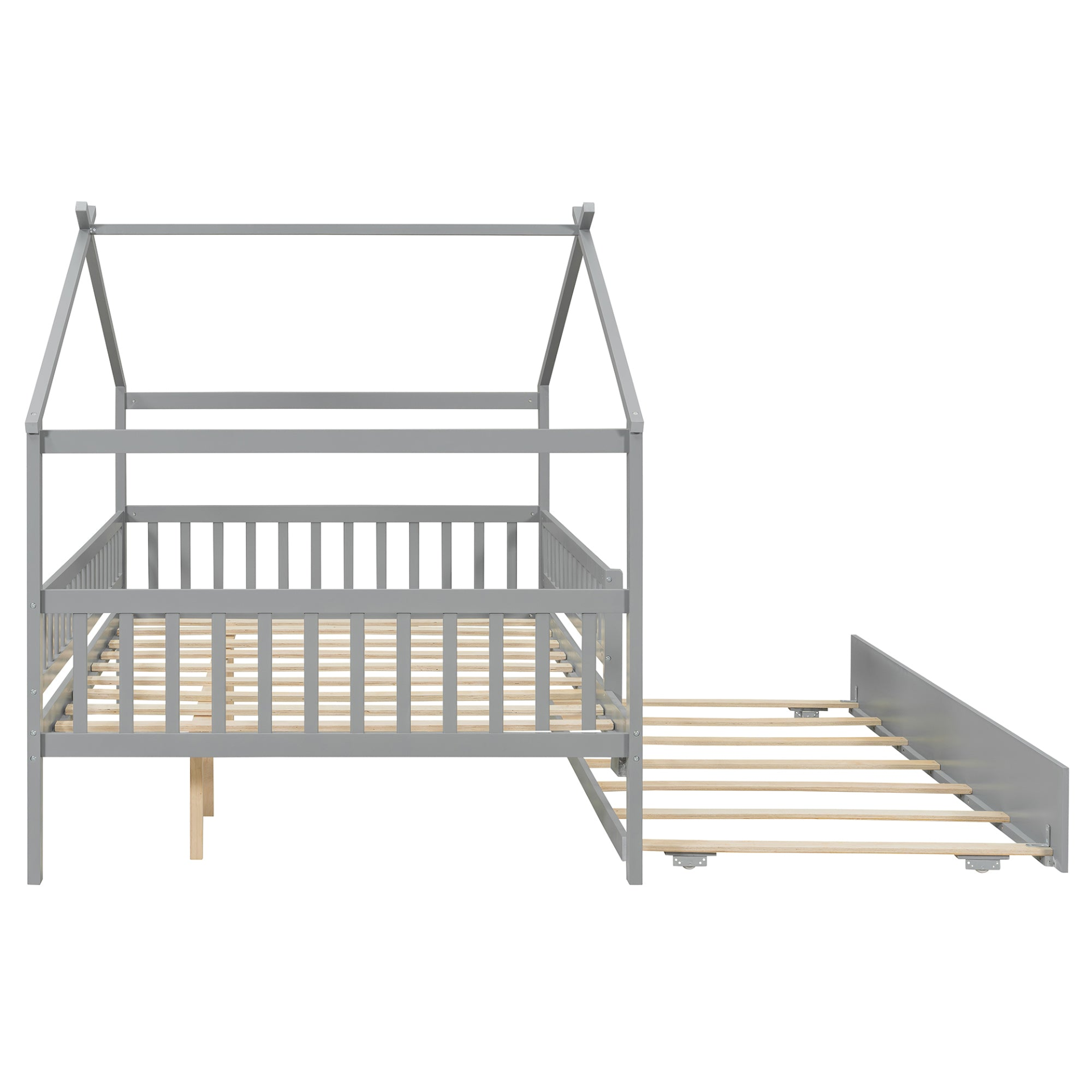 Wooden house-style bed frame with pull-out trundle drawer and slatted support, by Start2Finish, shown in a cozy bedroom setting.