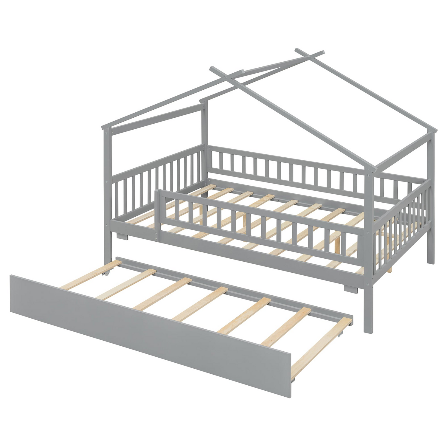 Wooden house-style bed frame with pull-out trundle drawer and slatted support, by Start2Finish, shown with mattress and bedding.