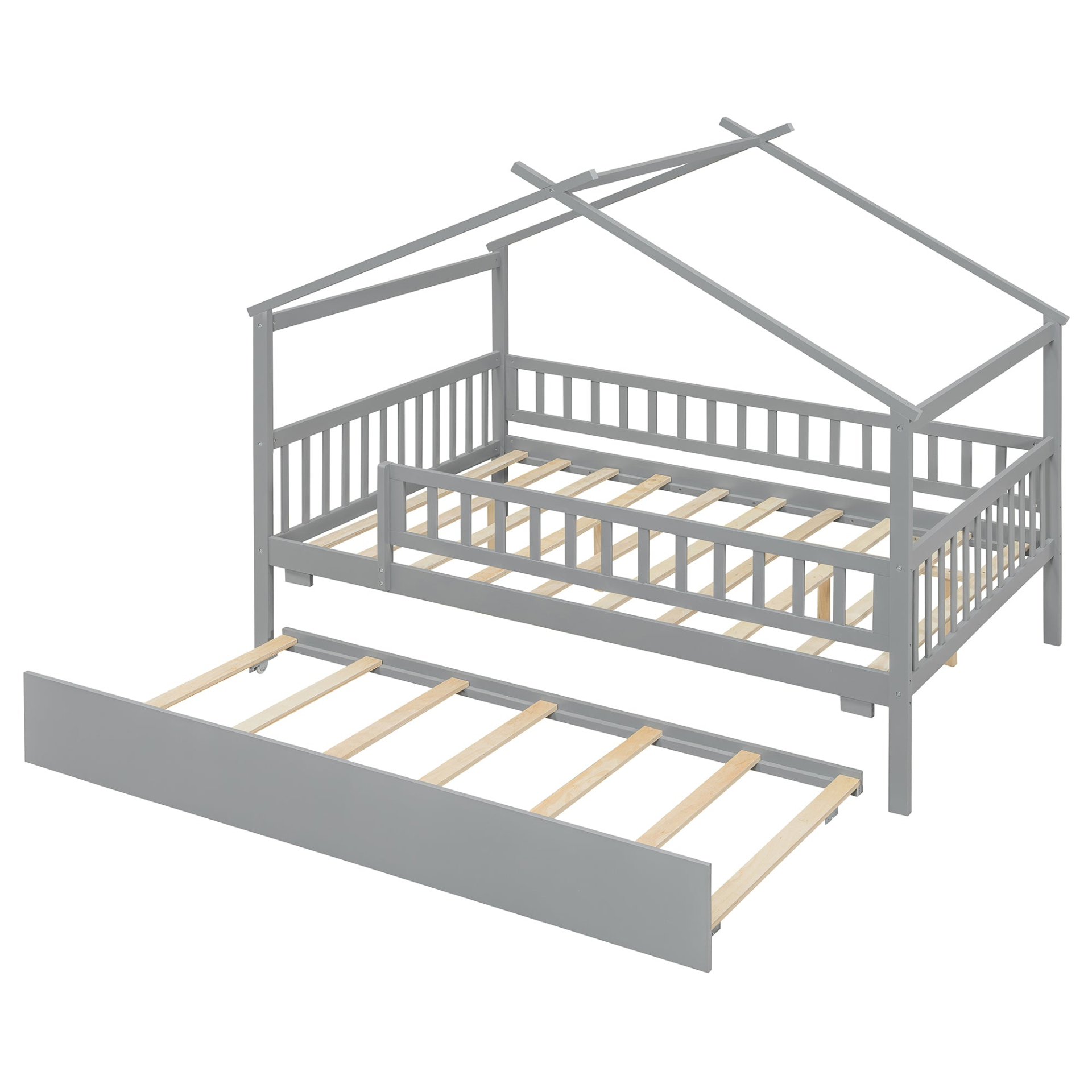 Wooden house-style bed frame with pull-out trundle drawer and slatted support, by Start2Finish, shown with mattress and bedding.