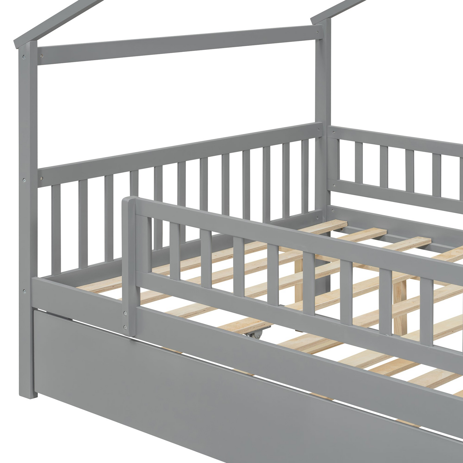 Wooden house-style bed frame with pull-out trundle drawer and slatted support, by Start2Finish, shown in a bedroom setting.