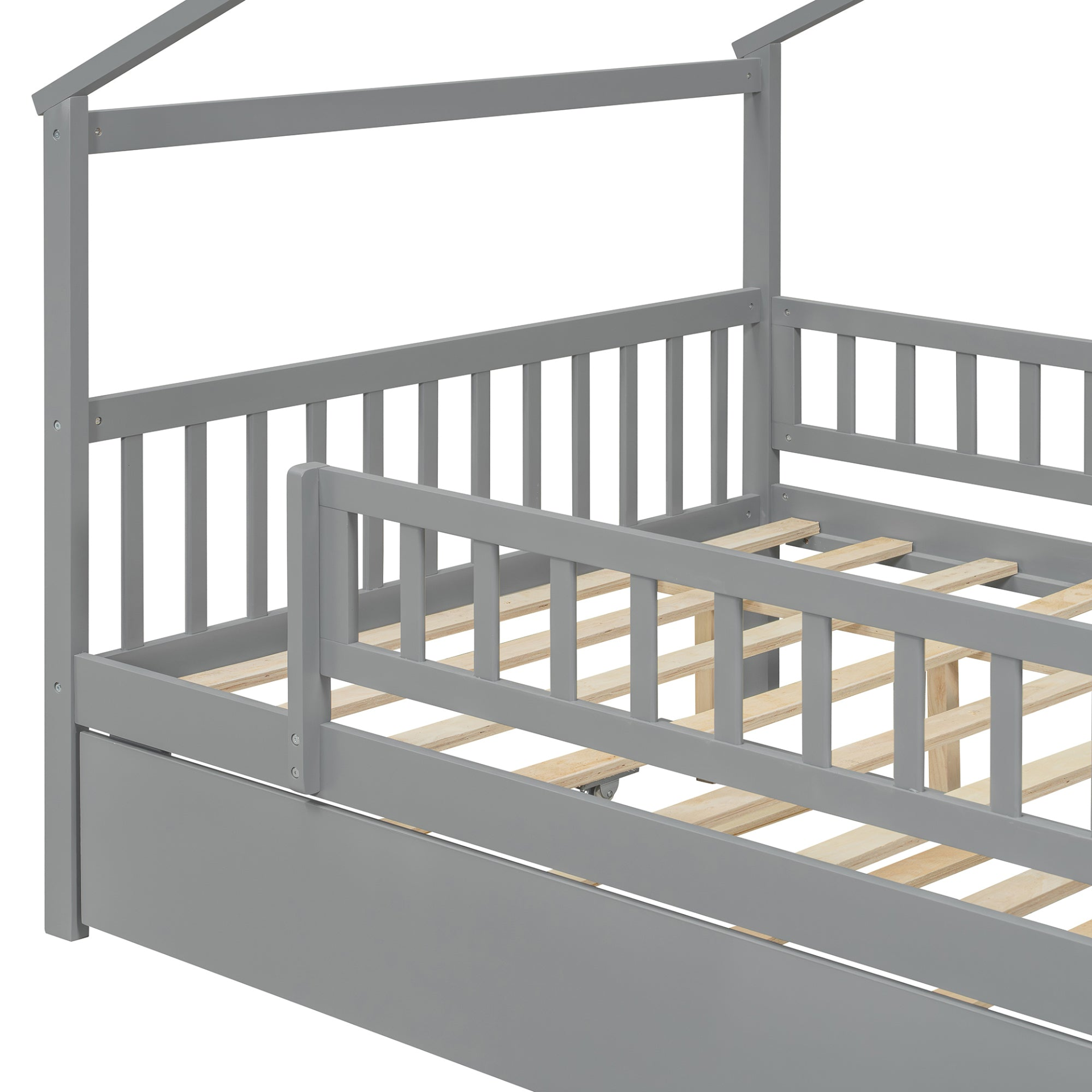 Wooden house-style bed frame with pull-out trundle drawer and slatted support, by Start2Finish, shown in a bedroom setting.